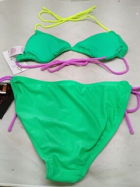 No Boundaries Neon Green Bikini with Purple Ties